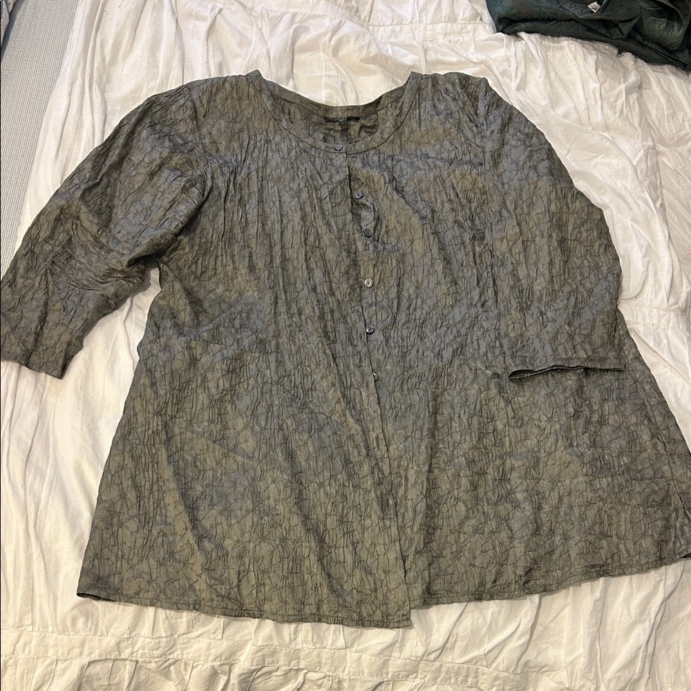 Eileen Fisher Olive Gray Textured Button-Front Tunic